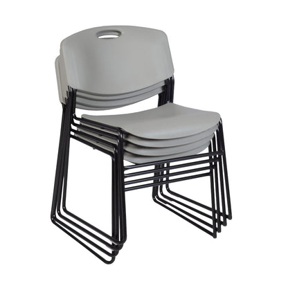 30 in Square Breakroom Table- Grey Top, Chrome Legs, 4 Zeng Stack Chairs- Grey