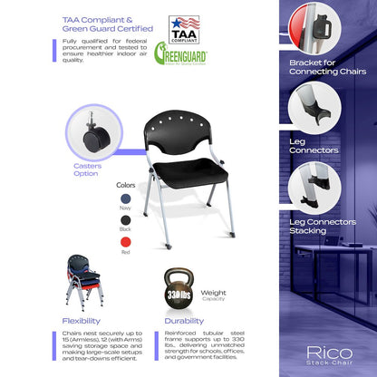 Rico Classroom Training Mobile Stack Chair Armless - Navy Blue - 4 Pack