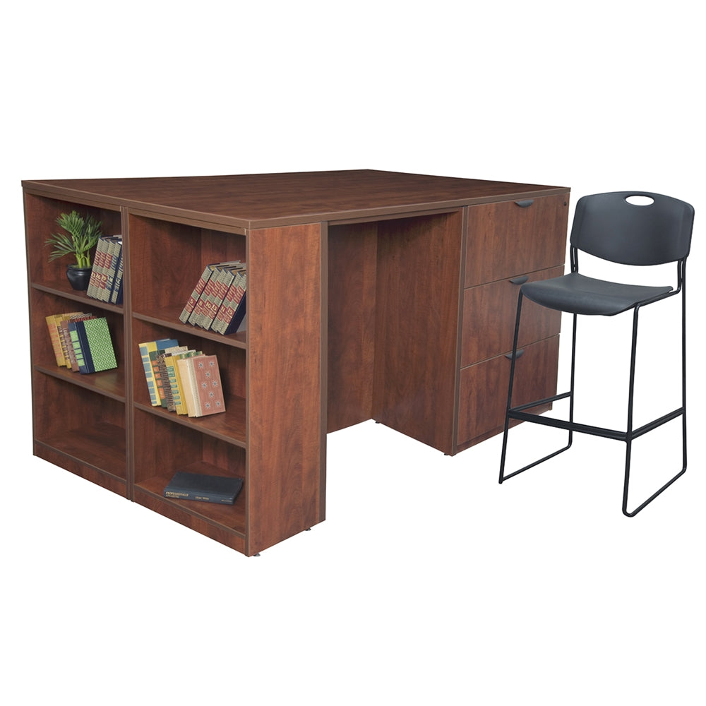 Legacy Stand Up 2 Lateral File/ 2 Desk Quad with Bookcase End- Cherry