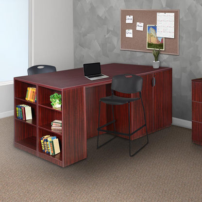Legacy Stand Up 2 Storage Cabinet/ 2 Desk Quad with Bookcase End- Mahogany