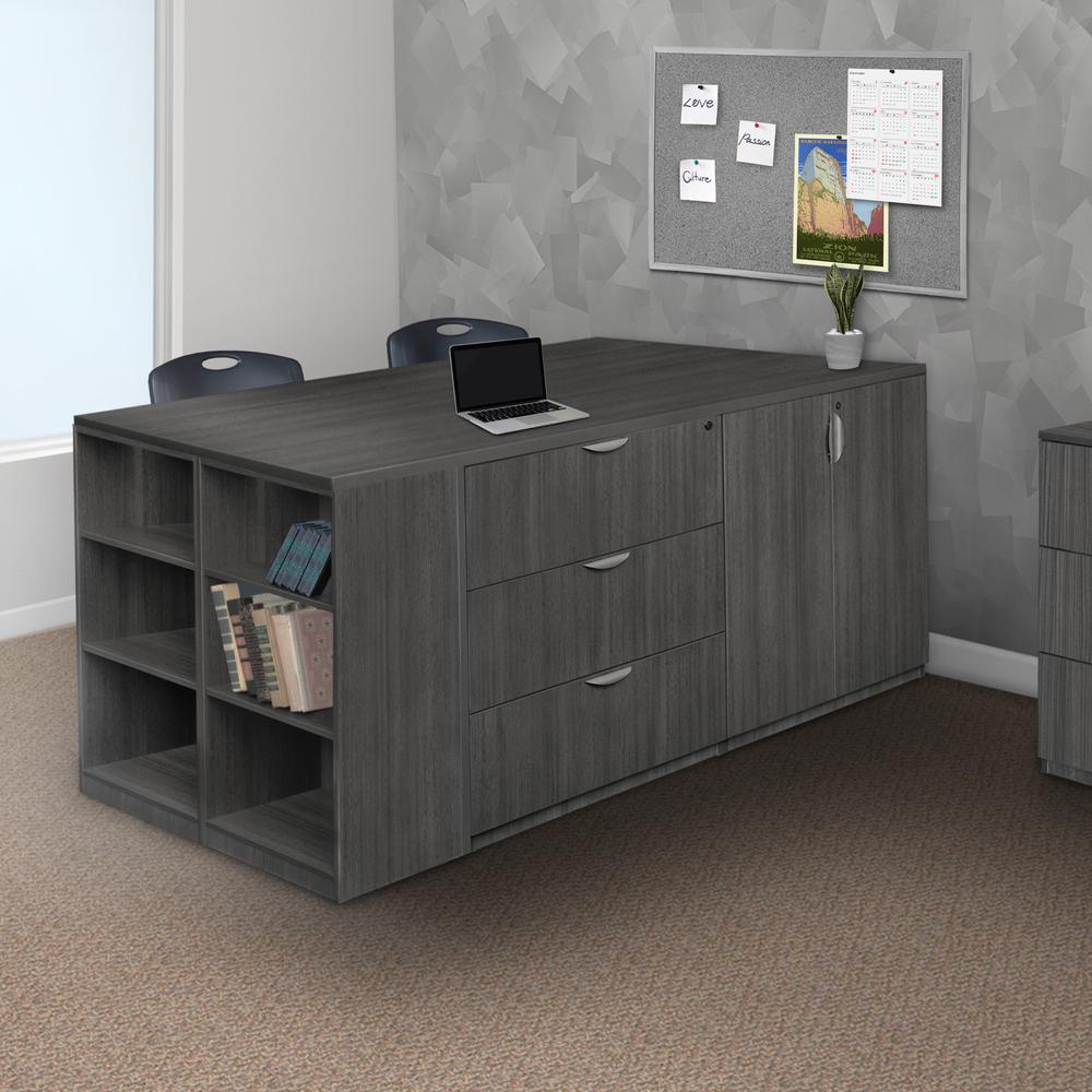 Legacy Stand Up 2 Desk/ Storage Cabinet/ Lateral File Quad with Bookcase End- Ash Grey