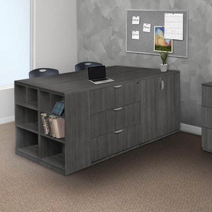 Legacy Stand Up 2 Desk/ Storage Cabinet/ Lateral File Quad with Bookcase End- Ash Grey