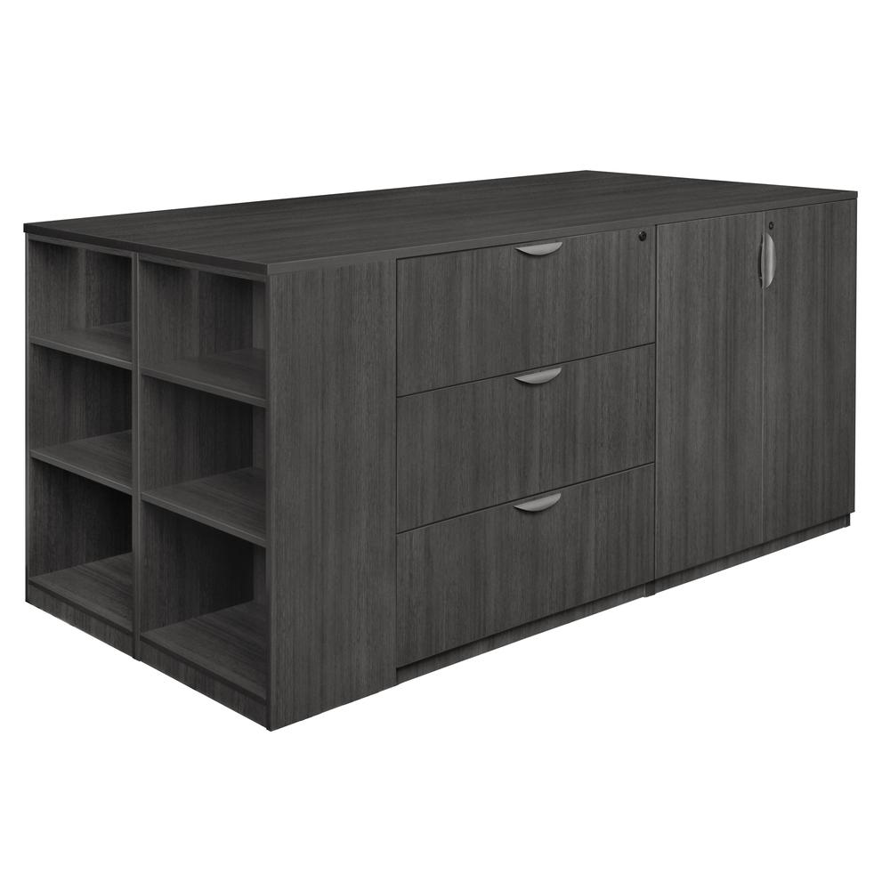 Legacy Stand Up Lateral File/ 3 Storage Cabinet Quad with Bookcase End- Ash Grey
