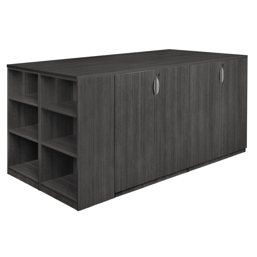 Legacy Stand Up Lateral File/ 3 Storage Cabinet Quad with Bookcase End- Ash Grey