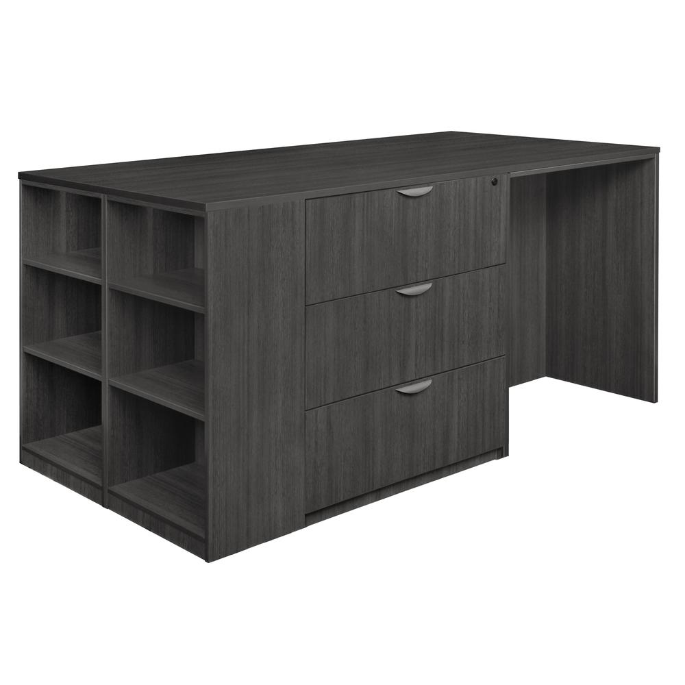 Legacy Stand Up Lateral File/ 3 Desk Quad with Bookcase End- Ash Grey