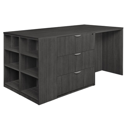 Legacy Stand Up Lateral File/ 3 Desk Quad with Bookcase End- Ash Grey