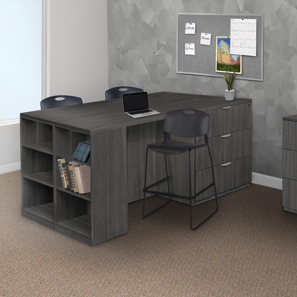 Legacy Stand Up Lateral File/ 3 Desk Quad with Bookcase End- Ash Grey