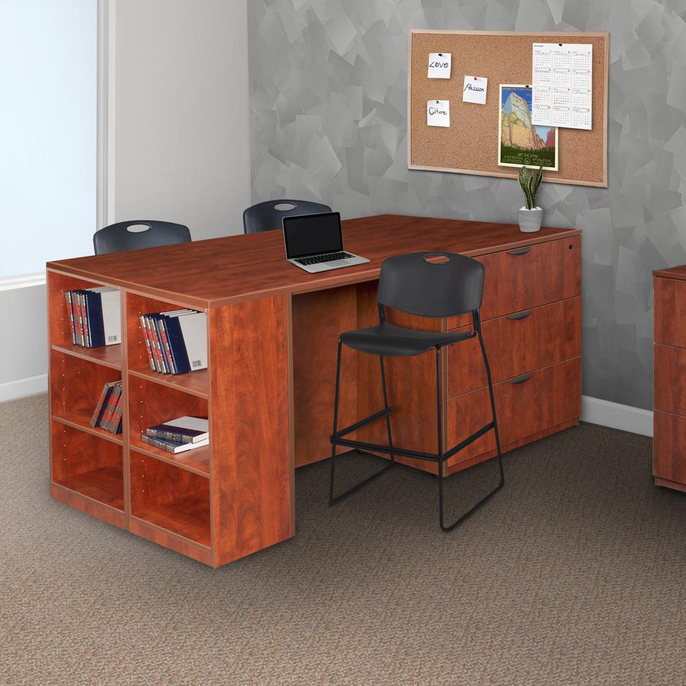 Legacy Stand Up Lateral File/ 3 Desk Quad with Bookcase End- Cherry