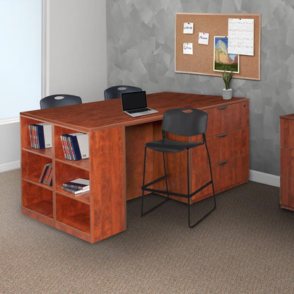 Legacy Stand Up Lateral File/ 3 Desk Quad with Bookcase End- Cherry