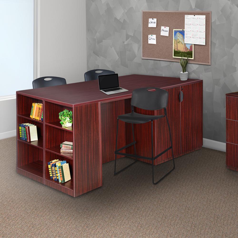 Legacy Stand Up Storage Cabinet/ 3 Desk Quad with Bookcase End- Mahogany