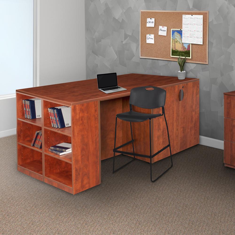 Legacy Stand Up Desk/ 3 Storage Cabinet Quad with Bookcase End- Cherry
