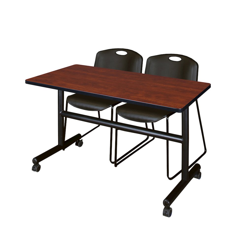 48 x 24 in. Flip-Top Training Nesting Table- Cherry, 2 Zeng Stack Chairs- Black