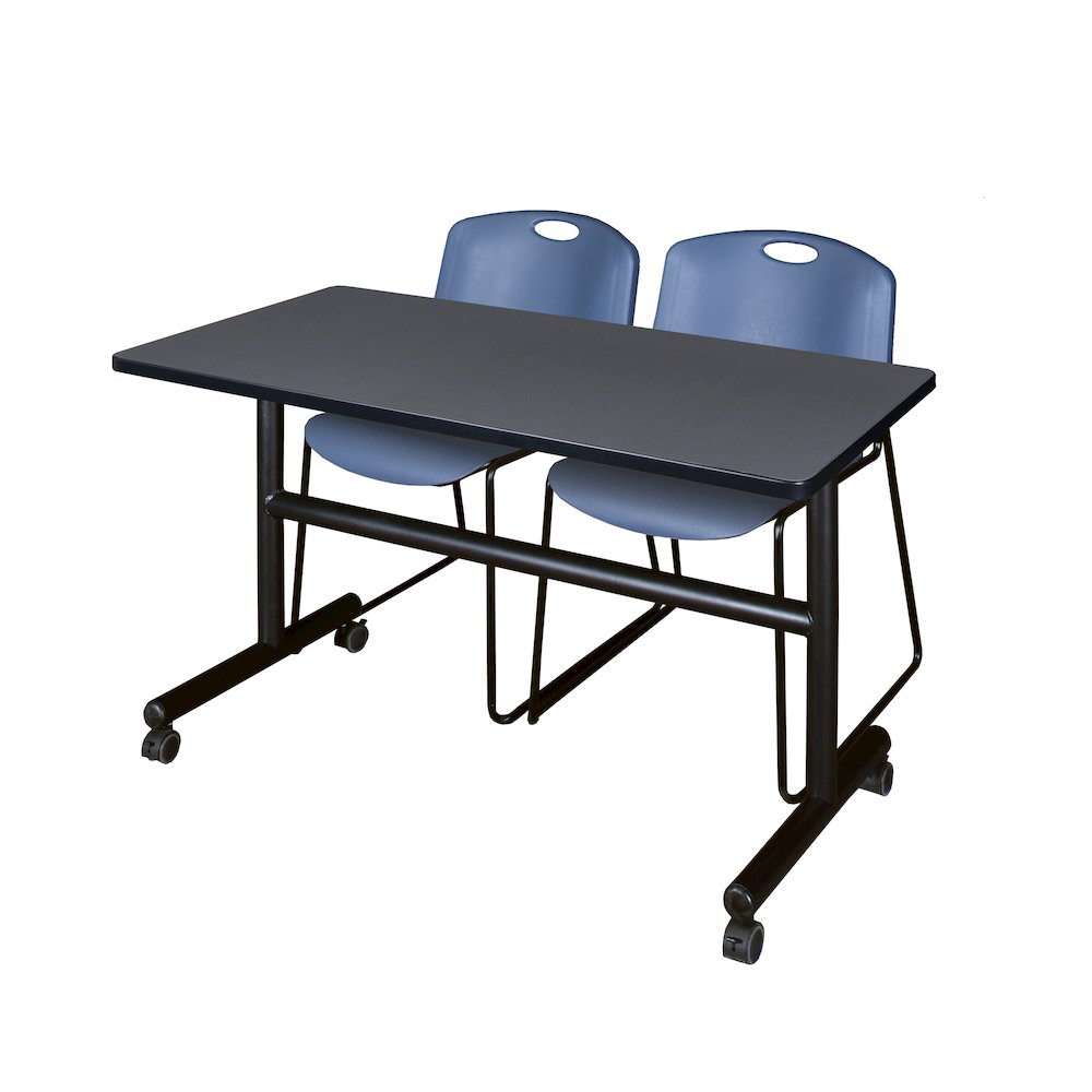 48 x 24 in. Flip-Top Training Nesting Table- Grey, 2 Zeng Stack Chairs- Blue