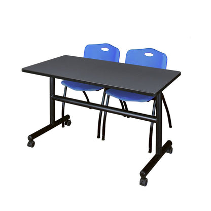 48 x 24 in. Flip-Top Training Nesting Table- Grey, 2 M Stack Chairs- Blue