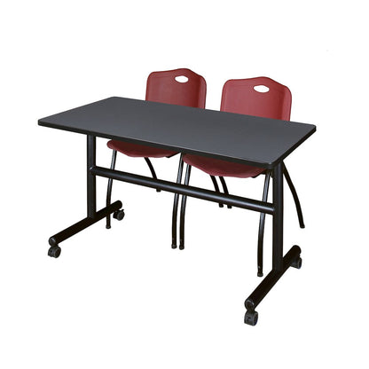48 x 24 in. Flip-Top Training Nesting Table- Grey, 2 M Stack Chairs- Burgundy