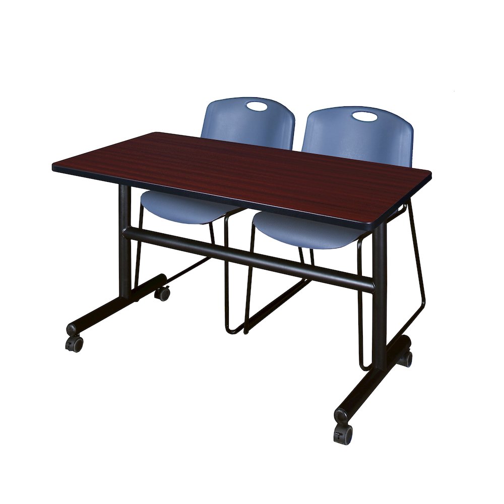 48 x 24 in. Flip-Top Training Nesting Table- Mahogany, 2 Zeng Stack Chairs- Blue