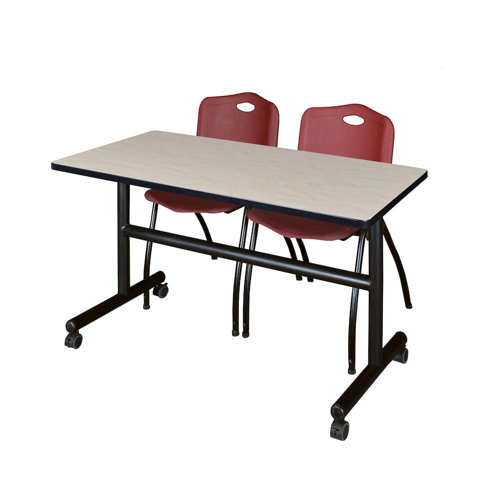 48 x 24 in. Flip-Top Training Nesting Table- Maple, 2 M Stack Chairs- Burgundy
