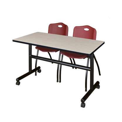 48 x 24 in. Flip-Top Training Nesting Table- Maple, 2 M Stack Chairs- Burgundy