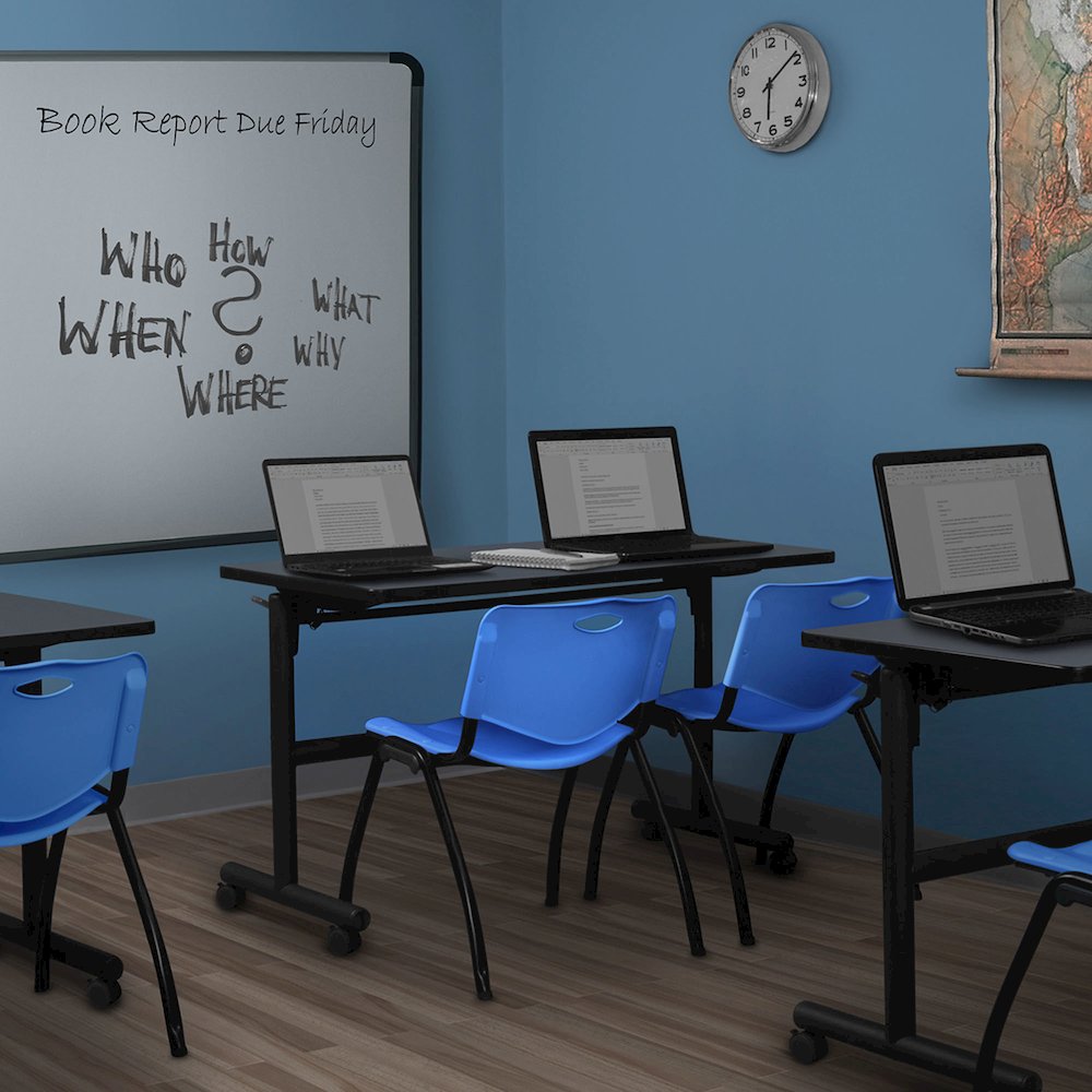 48 x 30 in. Flip-Top Training Nesting Table- Grey, 2 M Stack Chairs- Blue