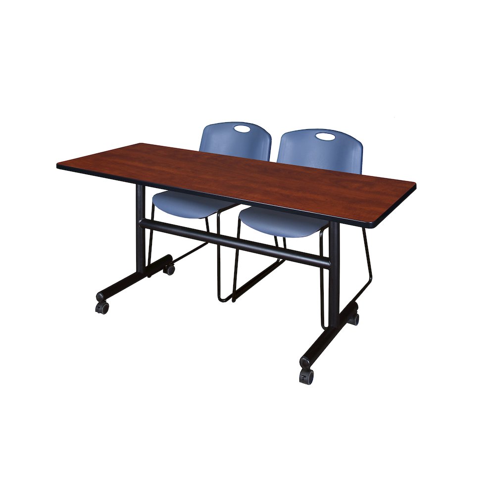 60 x 24 in. Flip-Top Training Nesting Table- Cherry, 2 Zeng Stack Chairs- Blue
