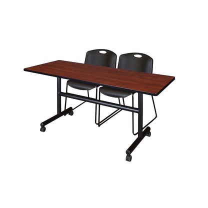 60 x 24 in. Flip-Top Training Nesting Table- Cherry, 2 Zeng Stack Chairs- Black