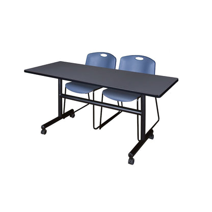 60 x 24 in. Flip-Top Training Nesting Table- Grey, 2 Zeng Stack Chairs- Blue
