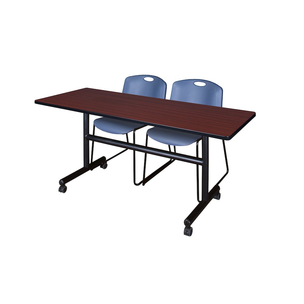 60 x 24 in. Flip-Top Training Nesting Table- Mahogany, 2 Zeng Stack Chairs- Blue