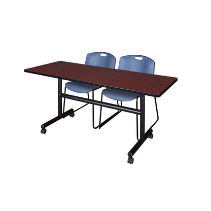 60 x 24 in. Flip-Top Training Nesting Table- Mahogany, 2 Zeng Stack Chairs- Blue