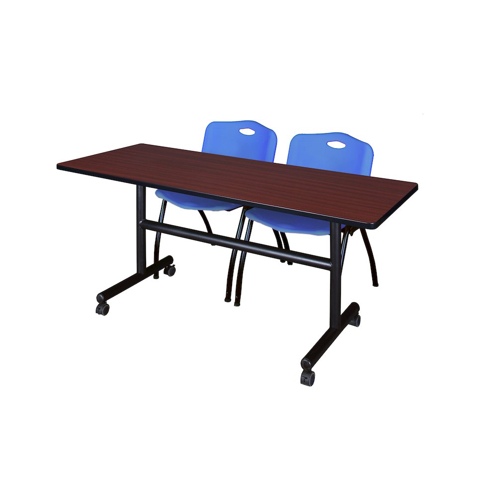 60 x 24 in. Flip-Top Training Nesting Table- Mahogany, 2 M Stack Chairs- Blue