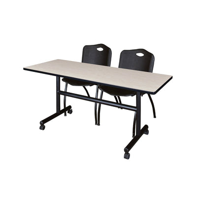 60 x 24 in. Flip-Top Training Nesting Table- Maple, 2 M Stack Chairs- Black