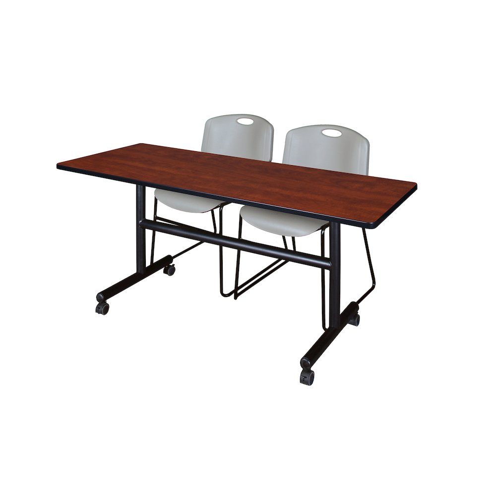 60 x 30 in. Flip-Top Training Nesting Table- Cherry, 2 Zeng Stack Chairs- Grey