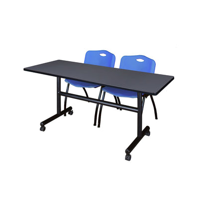 60 x 30 in. Flip-Top Training Nesting Table- Grey, 2 M Stack Chairs- Blue