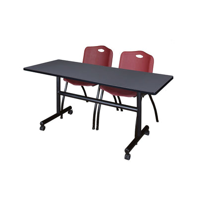 60 x 30 in. Flip-Top Training Nesting Table- Grey, 2 M Stack Chairs- Burgundy