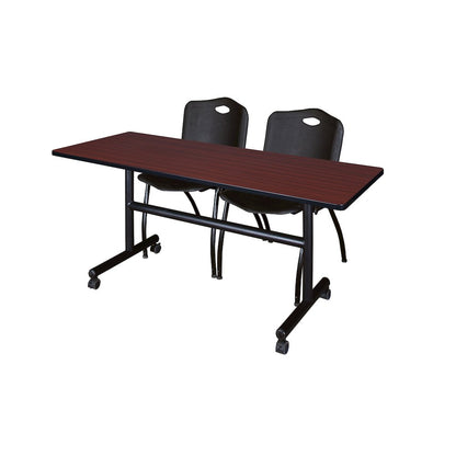 60 x 30 in. Flip-Top Training Nesting Table- Mahogany, 2 M Stack Chairs- Black