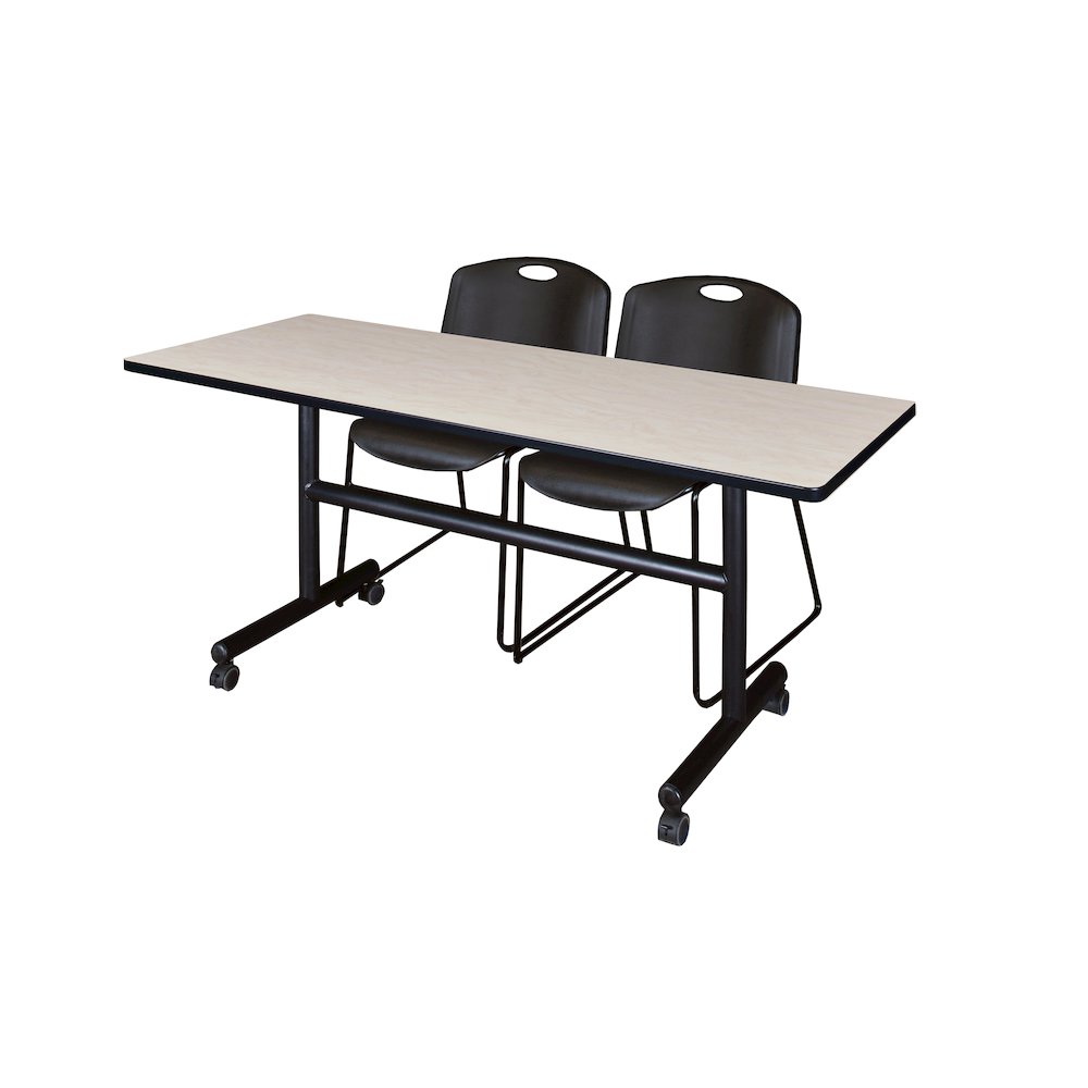 60 x 30 in. Flip-Top Training Nesting Table- Maple, 2 Zeng Stack Chairs- Black