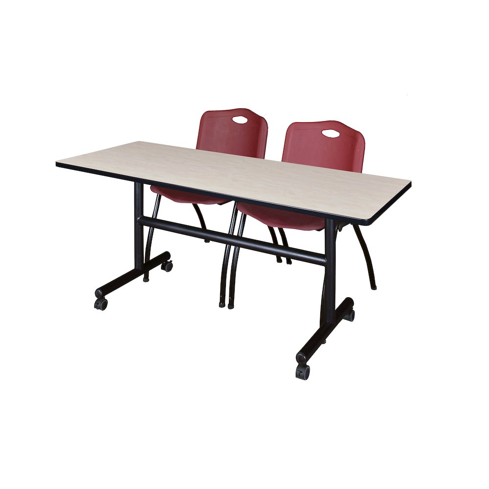 60 x 30 in. Flip-Top Training Nesting Table- Maple, 2 M Stack Chairs- Burgundy