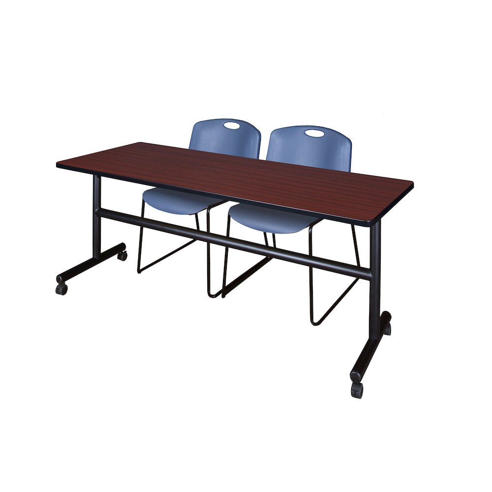 72 x 24 in. Flip-Top Training Nesting Table- Mahogany, 2 Zeng Stack Chairs- Blue