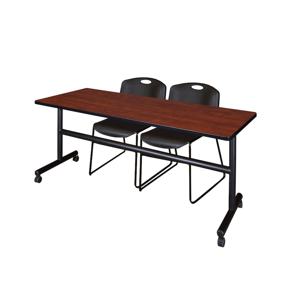 72 x 30 in. Flip-Top Training Nesting Table- Cherry, 2 Zeng Stack Chairs- Black