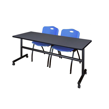 72 x 30 in. Flip-Top Training Nesting Table- Grey, 2 M Stack Chairs- Blue