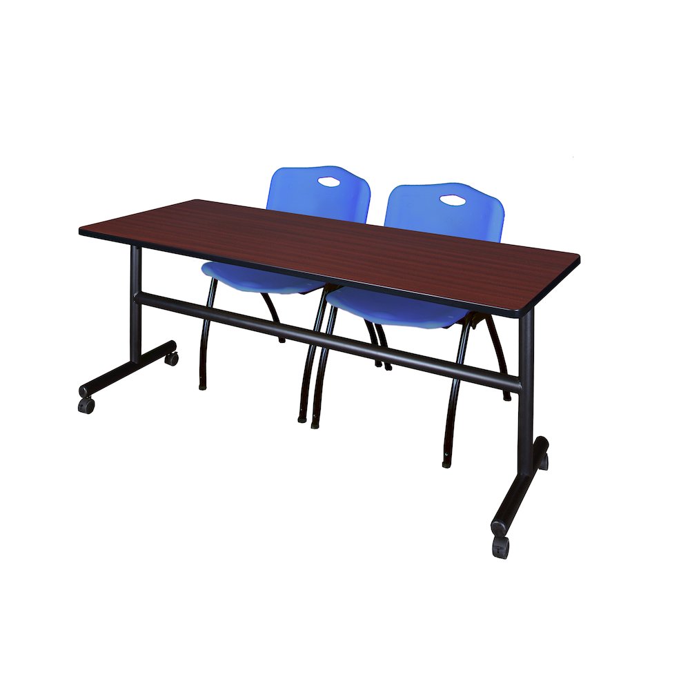 72 x 30 in. Flip-Top Training Nesting Table- Mahogany, 2 M Stack Chairs- Blue