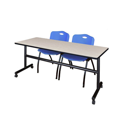 72 x 30 in. Flip-Top Training Nesting Table- Maple, 2 M Stack Chairs- Blue