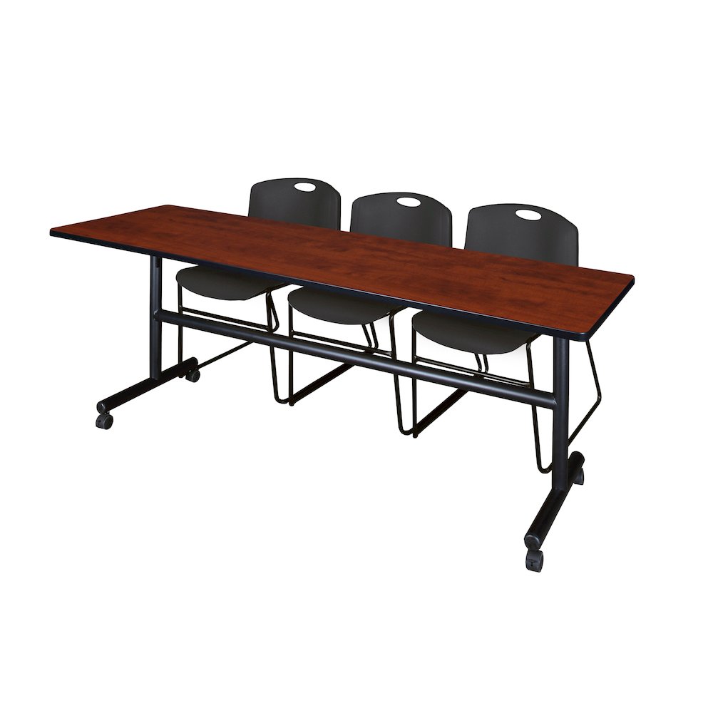 84 x 24 in. Flip-Top Training Nesting Table- Cherry, 2 Zeng Stack Chairs- Black