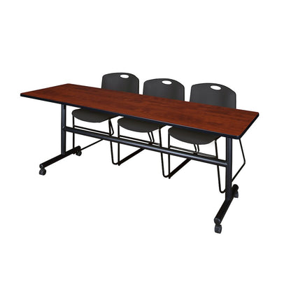 84 x 24 in. Flip-Top Training Nesting Table- Cherry, 2 Zeng Stack Chairs- Black