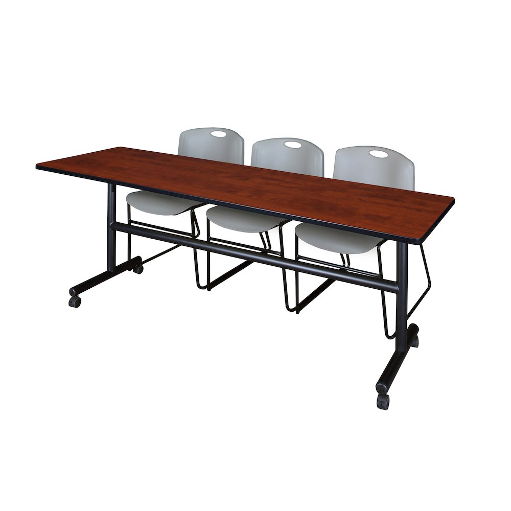 84 x 24 in. Flip-Top Training Nesting Table- Cherry, 2 Zeng Stack Chairs- Grey