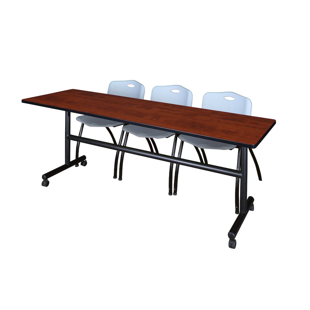 84 x 24 in. Flip-Top Training Nesting Table- Cherry, 2 M Stack Chairs- Grey