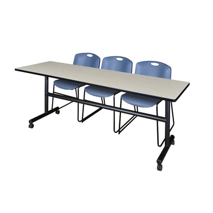 84 x 24 in. Flip-Top Training Nesting Table- Maple, 2 Zeng Stack Chairs- Blue