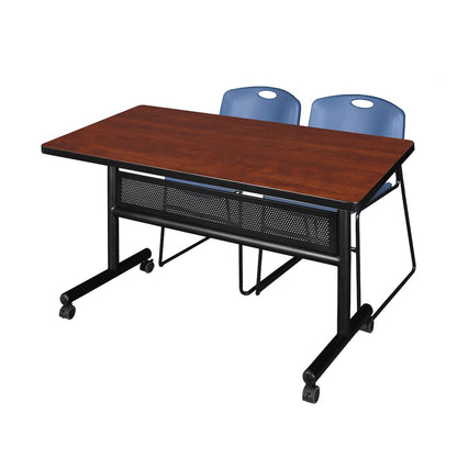 48 x 30 in. Flip-Top Privacy Nesting Table- Cherry, 2 Zeng Stack Chairs- Blue