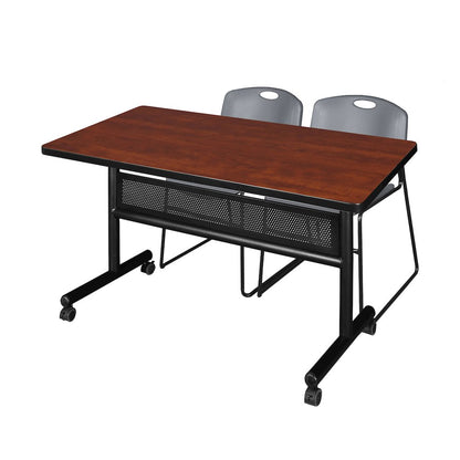 48 x 30 in. Flip-Top Privacy Nesting Table- Cherry, 2 Zeng Stack Chairs- Grey