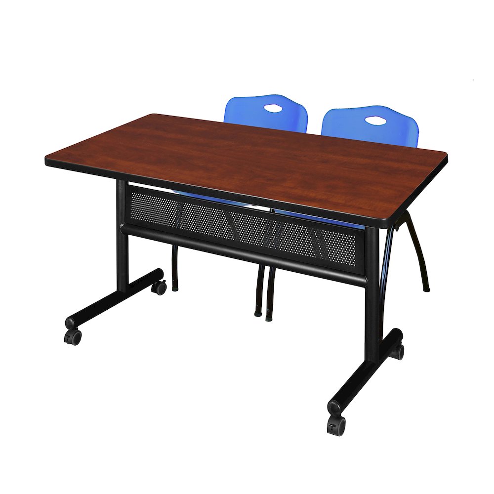 48 x 30 in. Flip-Top Privacy Nesting Table- Cherry, 2 M Stack Chairs- Blue