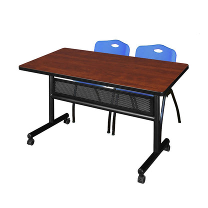 48 x 30 in. Flip-Top Privacy Nesting Table- Cherry, 2 M Stack Chairs- Blue